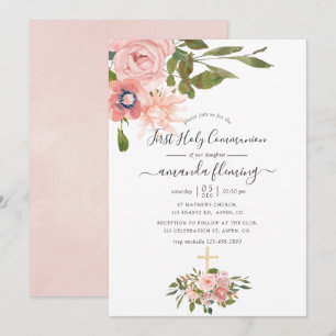 Convite Comunhão floral em aquarela Bege e Dourado Rosa