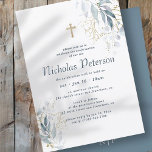 Convite Comunhão Para Ele Cruz  de ouro com Folhagem moder<br><div class="desc">O design é composto por folhagem em aquarelas botânica e cruz de ouro falsa Disponível aqui: http://www.zazzle.com/store/selectpartysupplies</div>