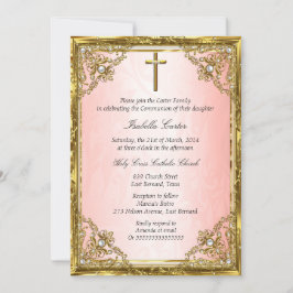 Convite Comunhão Rosa Dourado Bege Pérola Damask Cruz