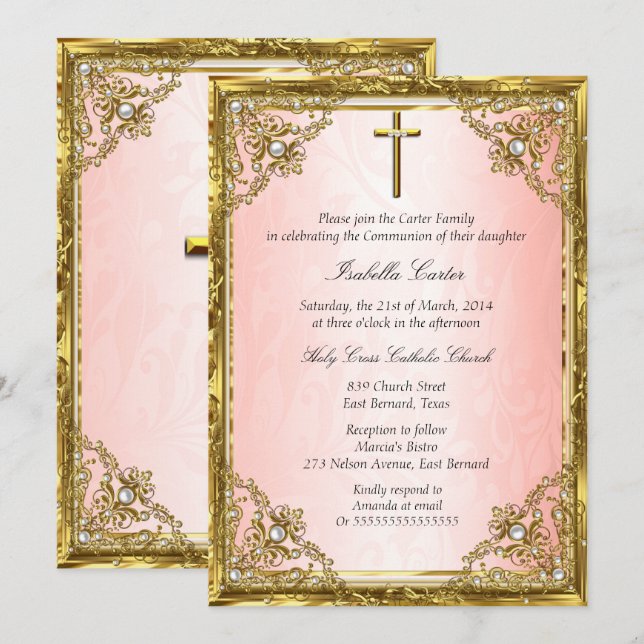 Convite Comunhão Rosa Dourado Bege Pérola Damask Cruz (Frente/Verso)
