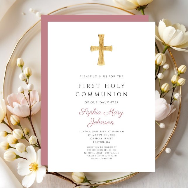 Convite Comunhão Sagrada de Rapariga Rosa Moderna (Modern Pink Cross Girl Holy Communion Invitation)