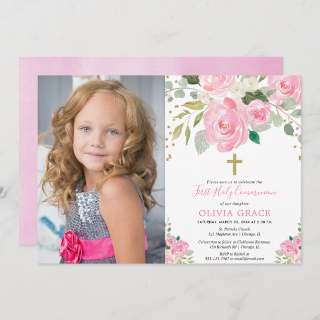 Convite Comunhão santamente floral da menina o primeiro (Frente/Verso)