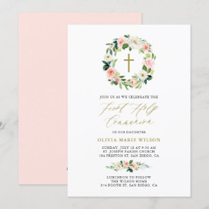 Convite Comunhão santamente floral do pêssego da aguarel