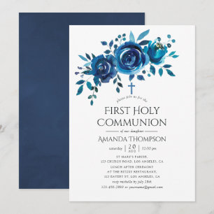 Convite Comunhão Solene Floral Azul Marinho e Branco