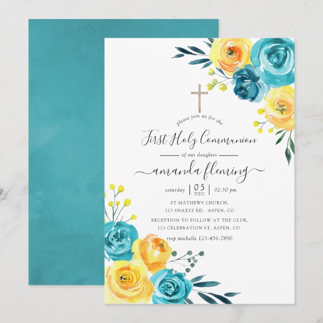 Convite Comunhão Turquesa e Amarela Floral (Frente/Verso)