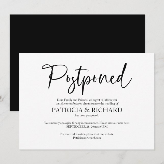 Convite Comunicado de Adiamento de Casamento Mudança nos P (Frente/Verso)