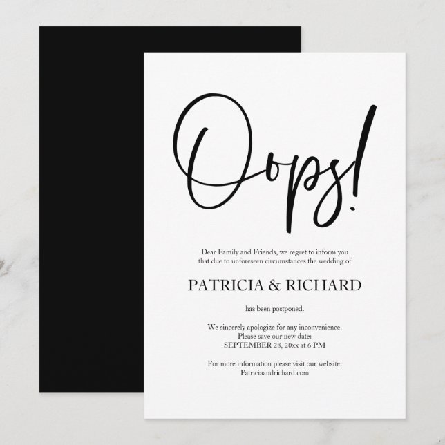 Convite Comunicado de Adiamento de Casamento Oops Simples  (Frente/Verso)