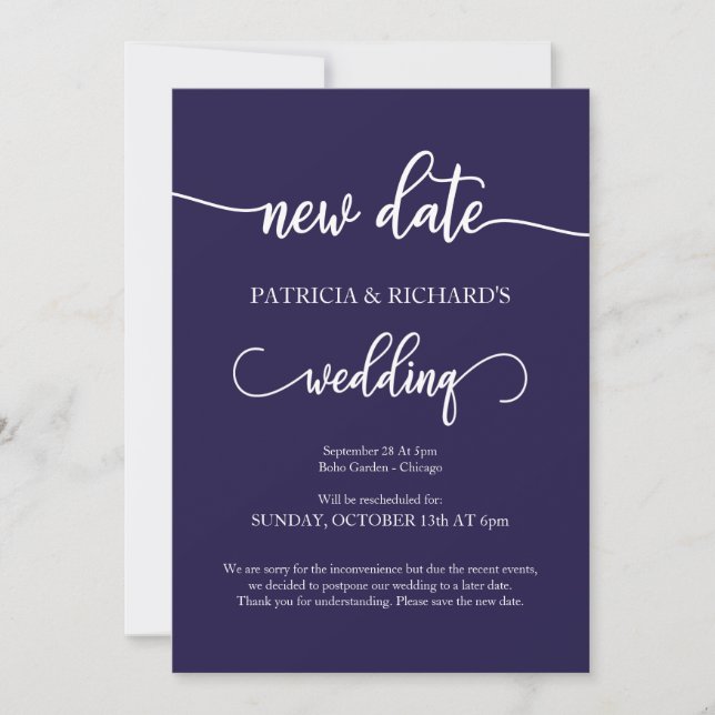 Convite Comunicado de Casamento Adiado para Nova Data Azul (Frente)