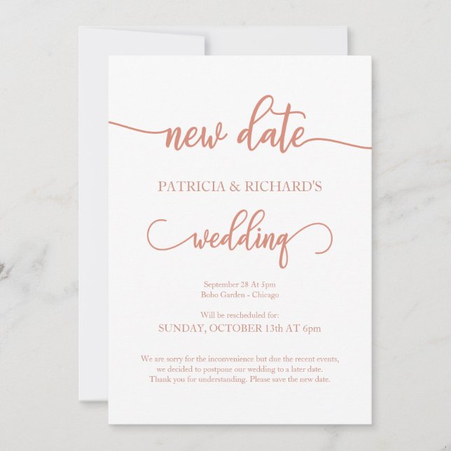 Convite Comunicado de Casamento Adiado para Nova Data em R (Frente)