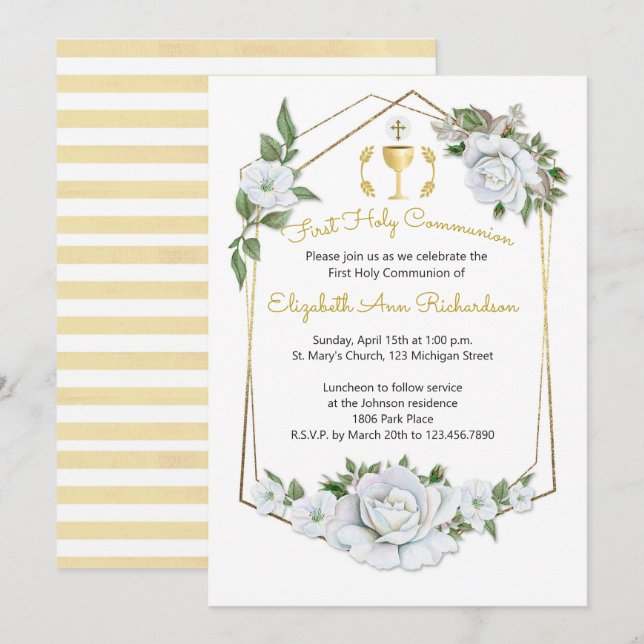 Convite Comunidade de Moldura Geométrica de Rosas Brancas  (Frente/Verso)