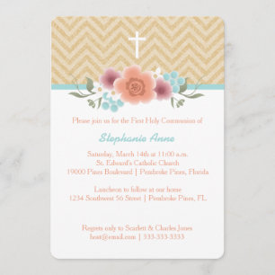 Convite Comunion Floral Swag in Dourado and Aqua