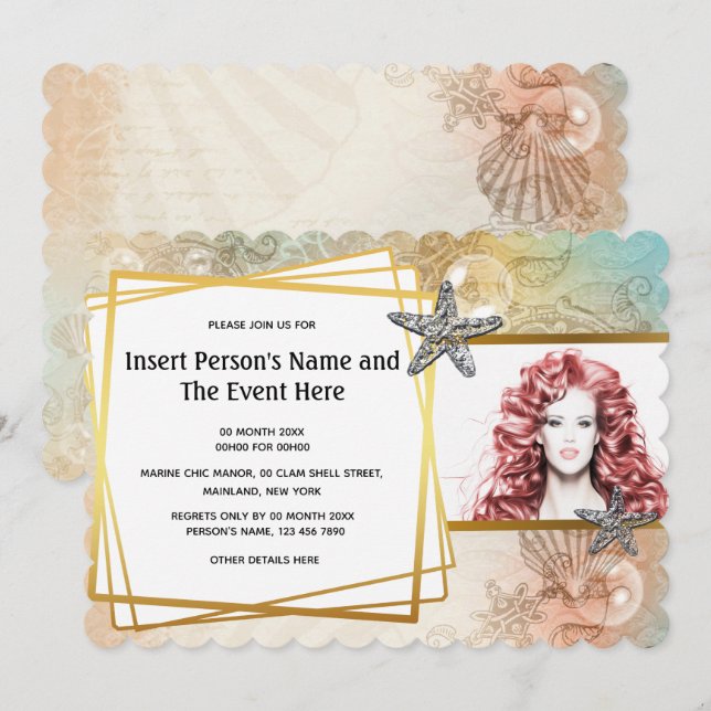 Convite Concha de estrela-do-mar geométrico dourado festa  (Frente/Verso)