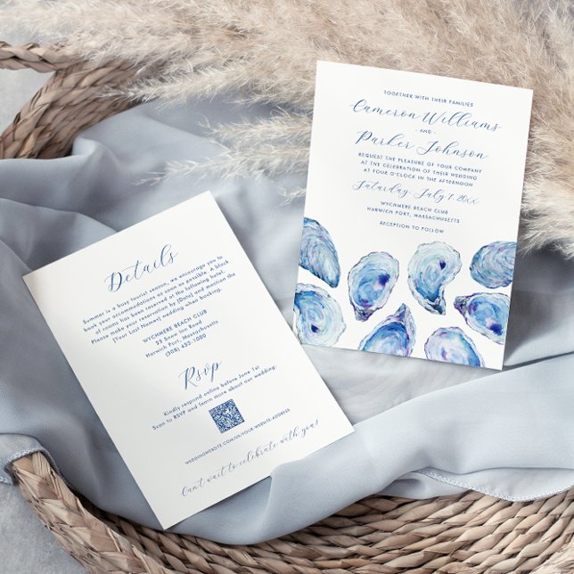 Convite Concha de Ostra Azul QR code RSVP Casamento Tudo-e (Oyster all-in-one beach watercolor wedding invitation with QR code RSVP and details on the back)