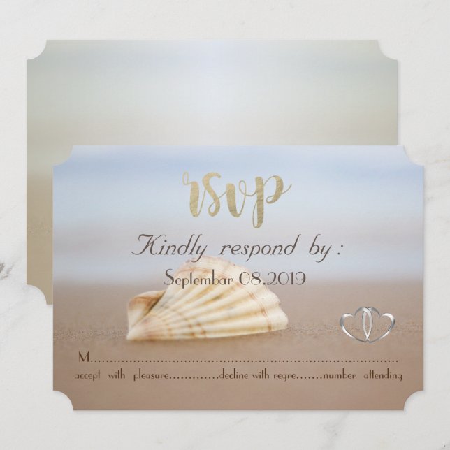 Convite Concha de Praia, Corações RSVP (Frente/Verso)