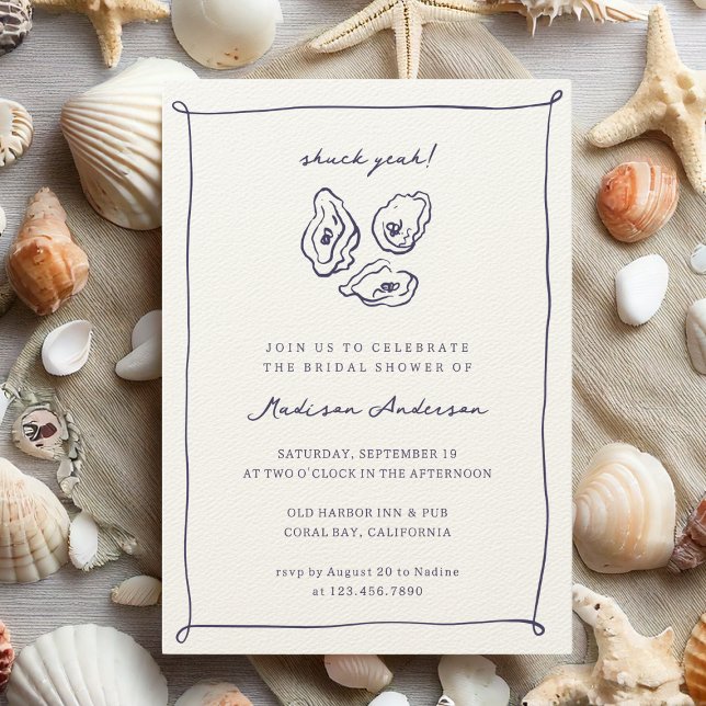 Convite Concha Sim Ostras Náutico Azul Chá de Noiva (Casual ocean themed bridal shower invitation with doodle style oysters illustration and "shuck yeah")
