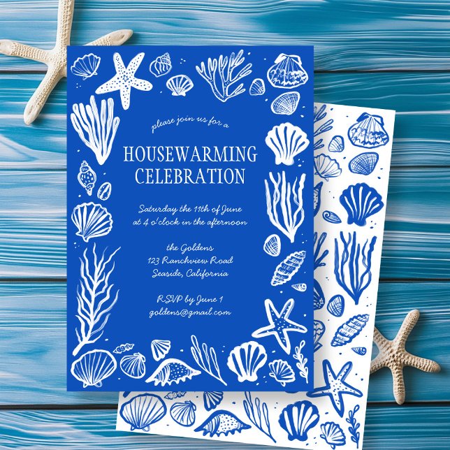 Convite Conchas Azuis Personalizadas FESTA DE INAUGURAÇÃO  (Blue Seashells Custom HOUSEWARMING PARTY Invitation
)