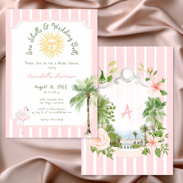 Convite Conchas de Listra Rosa e Sininhos de Casamento Chá (Pink Stripe Shells & Wedding Bells Bridal Shower Invitation)