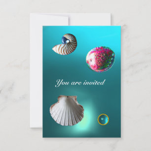 Convite CONCHAS DE MAR DAMASCO JOIA CASAMENTO PRAIA azul á