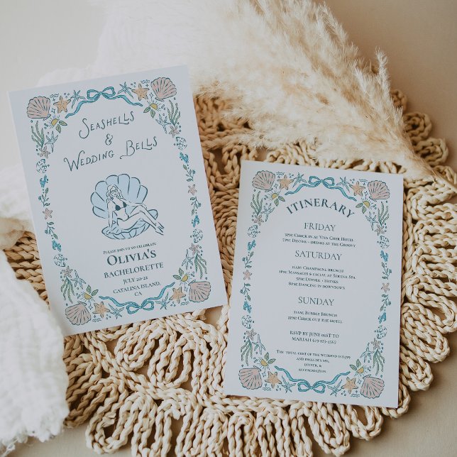 Convite Conchas de Moluscos Sininhos de Casamento Bela Des (Seashells Wedding Bells Whimsical Bachelorette Invitation)