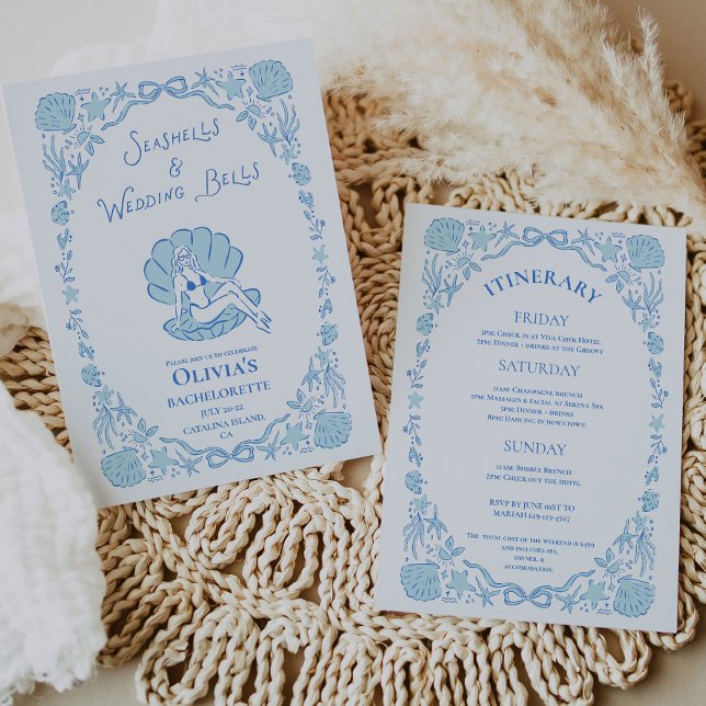 Convite Conchas de Moluscos Sininhos de Casamento Bela Don (Seashells Wedding Bells Whimsical Bachelorette Blue Invitation)