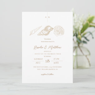 Convite Conchas de Ouro Elegantes Casamento Minimalista 