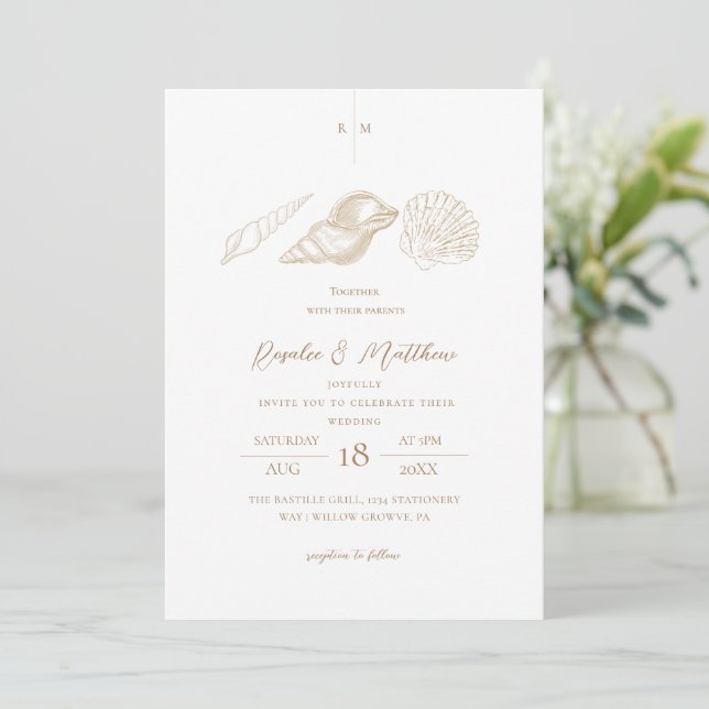 Convite Conchas de Ouro Elegantes Casamento Minimalista  (Em pé/Frente)