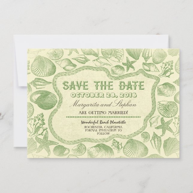 Convite conchas de praia verde casamento save the date (Frente)