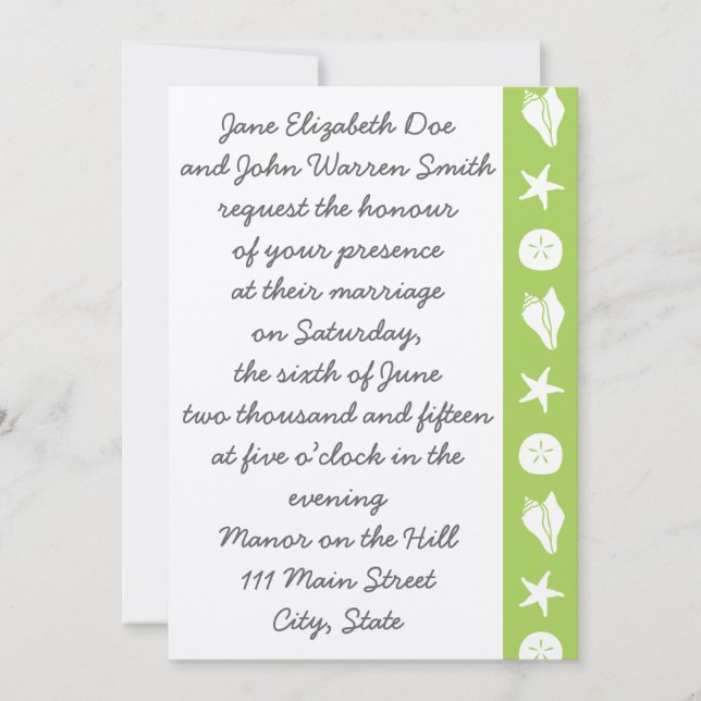 Convite Conchas de Verão no Concurso de Casamento Peridot (Frente)