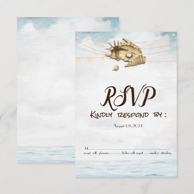 Convite Conchas do mar, Mar, Luzes de Corda Luzes RSVP   (Frente/Verso)