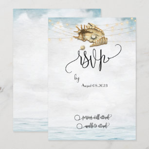 Convite Conchas do Mar, Mar, Luzes de Corda Script RSVP