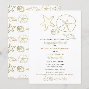 Convite Conchas do Mar Olhar de Folha de Ouro Chic Praia E