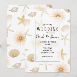 Convite Conchas e Flores de Peach Beach para Casamento Mod