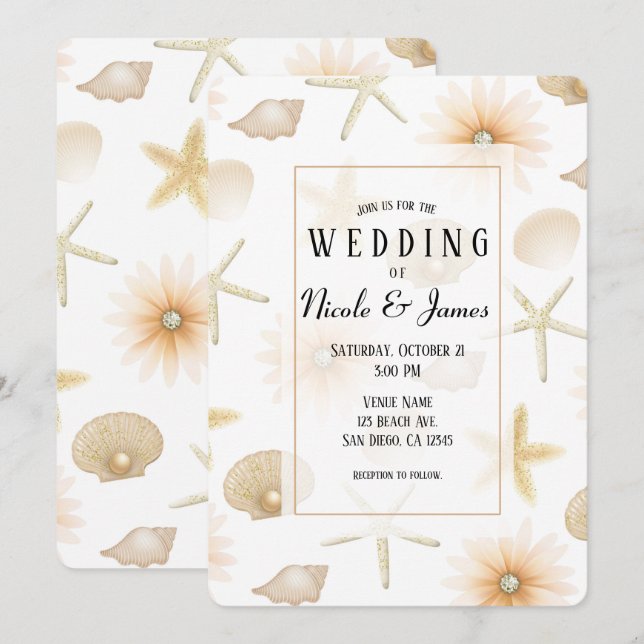 Convite Conchas e Flores de Praia em Peach Beach Casamento (Frente/Verso)