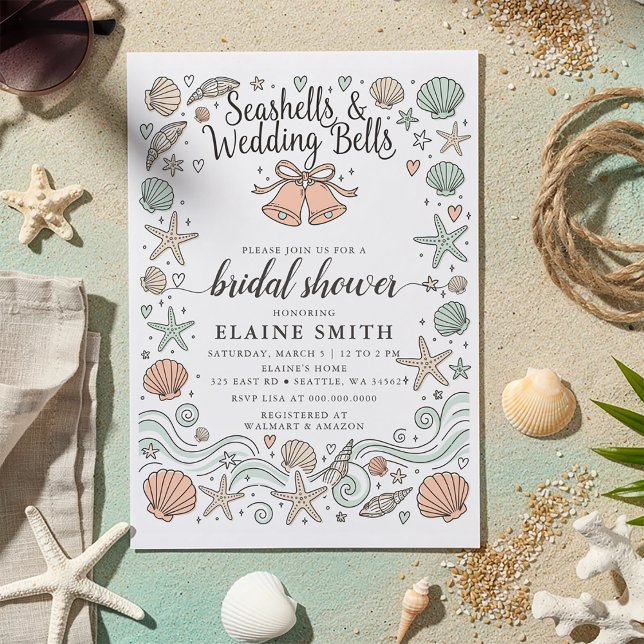 Convite Conchas e Sininhos de Casamento Chuveiro de Noiva  (Seashells and Wedding Bells Beach Bridal Shower Invitation)