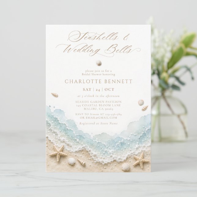 Convite Conchas Marinhas e Sininhos de Casamento Chás de N (Em pé/Frente)