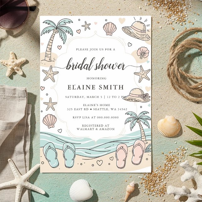 Convite Conchas Marinhas e Sininhos de Casamento Chuveiro  (Seashells and Wedding Bells Beach Bridal Shower Invitation)