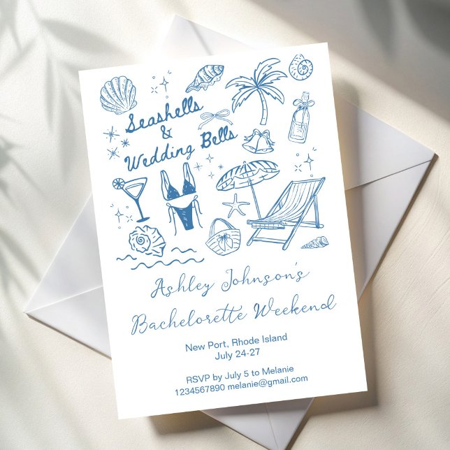Convite Conchas marinhas e sinos de casamento Fim de seman (Seashells and wedding bells Bachelorette weekend party itinerary Invitation cards template)