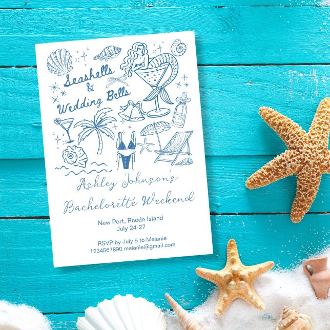 Convite Conchas marinhas e sinos de casamento Mermaid Bach (Seashells and wedding bells mermaid beach seaside Bachelorette weekend Invitation cards template)
