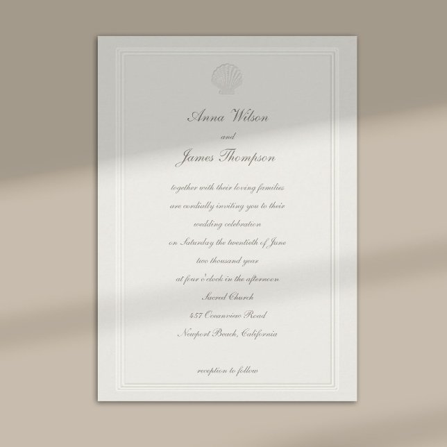 Convite Conchas Marinhas Navais Bege Formal Casamento (nautical coastal wedding invitation modern classic formal traditional elegant shell ecru frame)