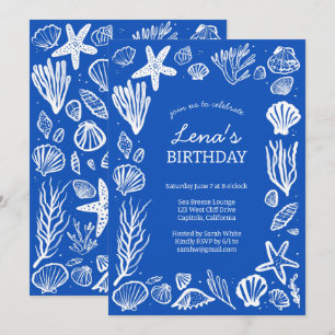 Convite Conchas Marinhas Quadro Festa de Aniversário Azul