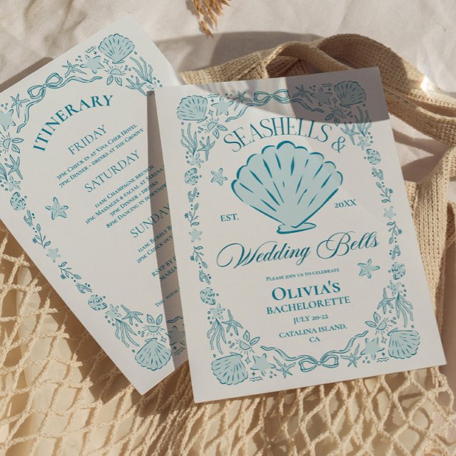 Convite Conchas Marinhas & Sininhos de Casamento Despedida (Seashells & Wedding Bells Bachelorette Invitation)