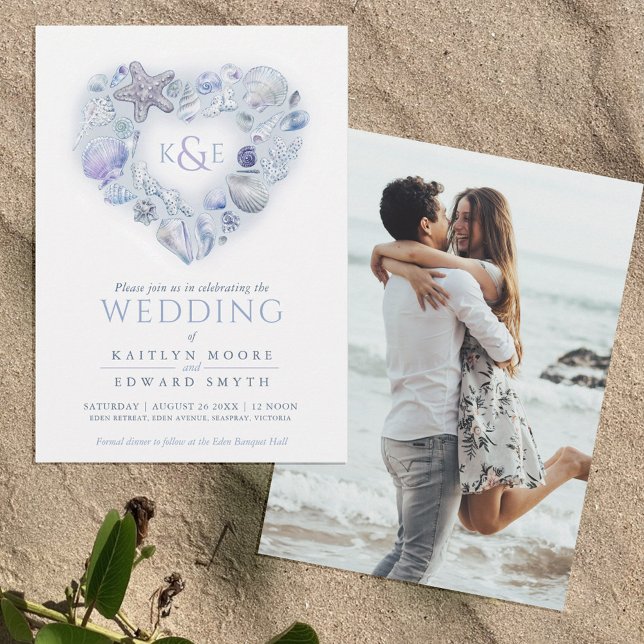 Convite Conchas marítimas cor d'água coração praia azul (Criador carregado)