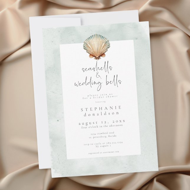 Convite Conchas Mínimas & Sinais de Casamento Chá de Noiva (Minimal Seashells & Wedding Bells Bridal Shower Invitation)
