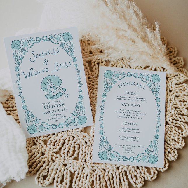 Convite Conchas Sinos de Casamento Despedida de Solteira C (Seashells Wedding Bells Whimsical Bachelorette Invitation)