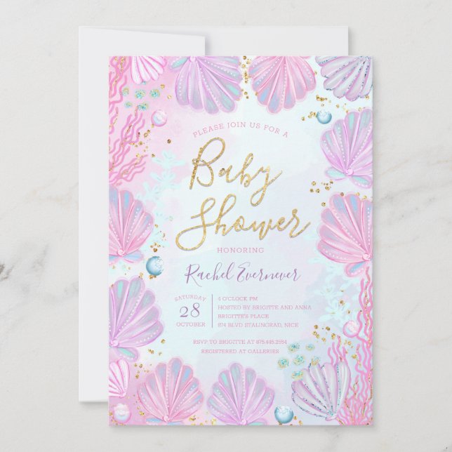 Convite Conchas Sob O Chá de fraldas Do Mar (Frente)