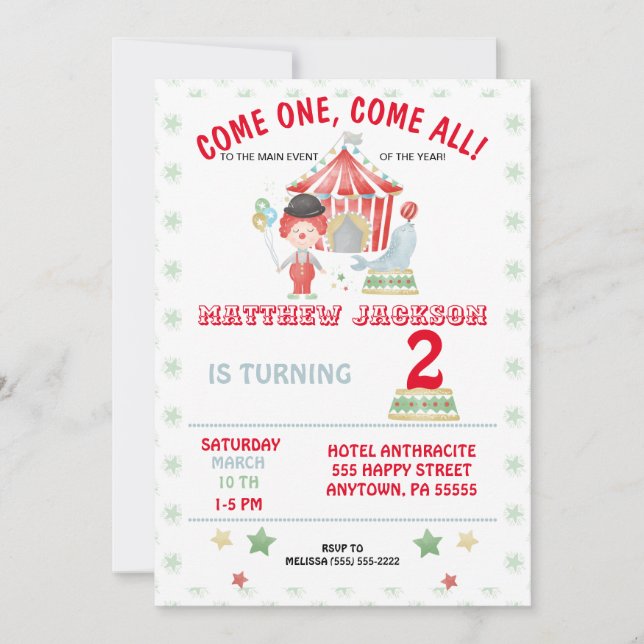 Convite Concurso de aniversário do Circus, venha um, venha (Frente)