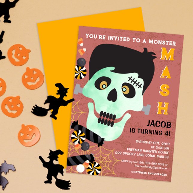 Convite Concurso de Aniversário do Monster Mash Halloween (Frankenstein Monster Mash Birthday Halloween Party Invitation)