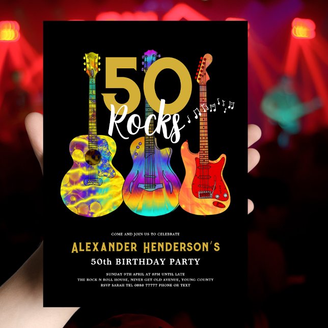 Convite Concurso de aniversário do Rock and Roll 50th (50th birthday party invitation for him 50 rocks funky psychedelic guitar music black and gold )