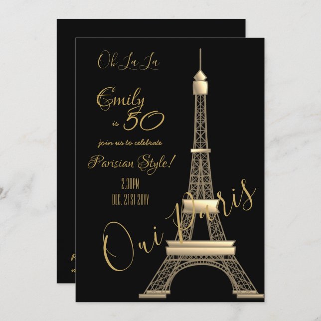 Convite Concurso de aniversário em Paris Chic DOURADO (Frente/Verso)