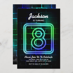 Convite Concurso de aniversário Neon para Boy 8th Birthday